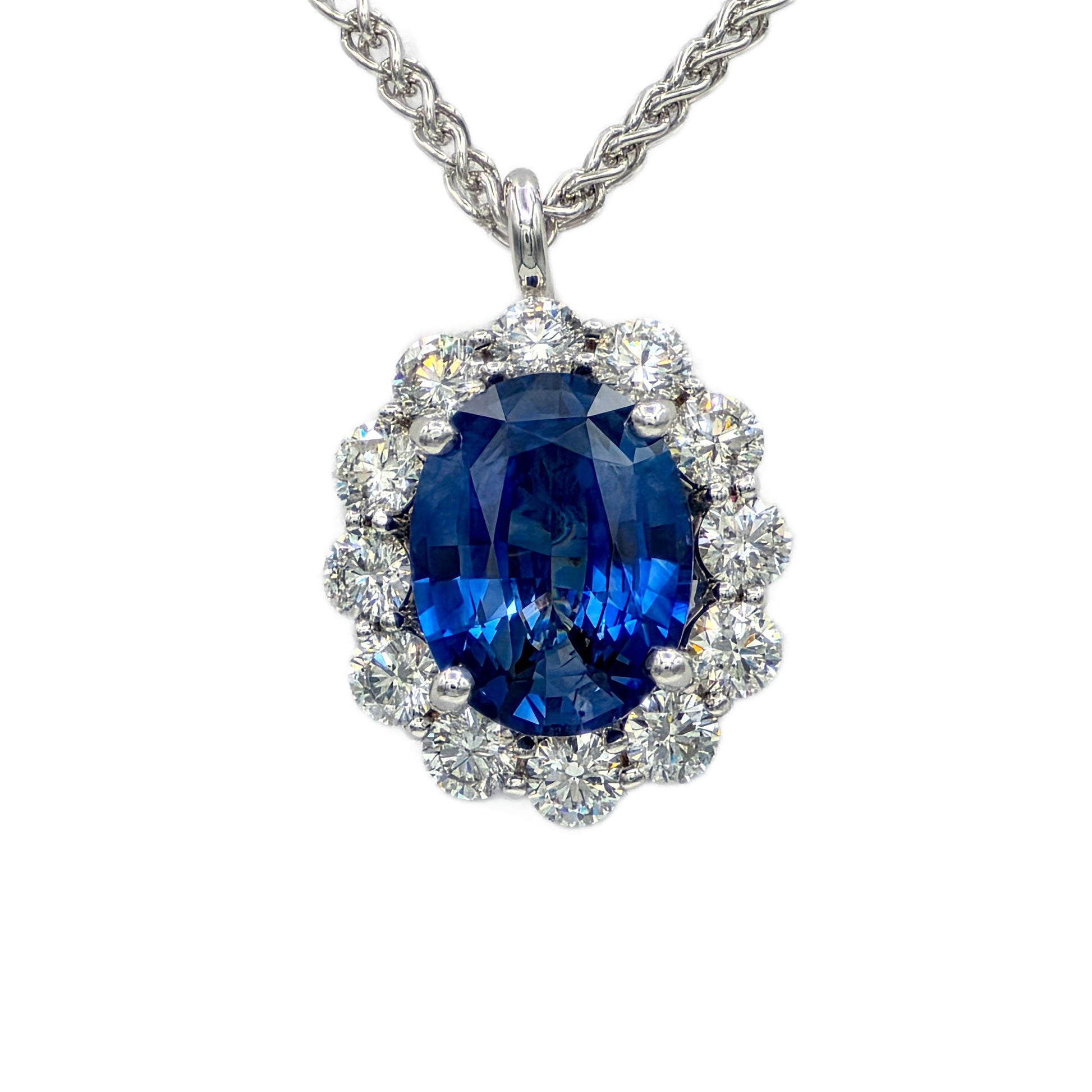 4.03 Carat Oval Blue Sapphire and Diamond Pendant in 14K White Gold