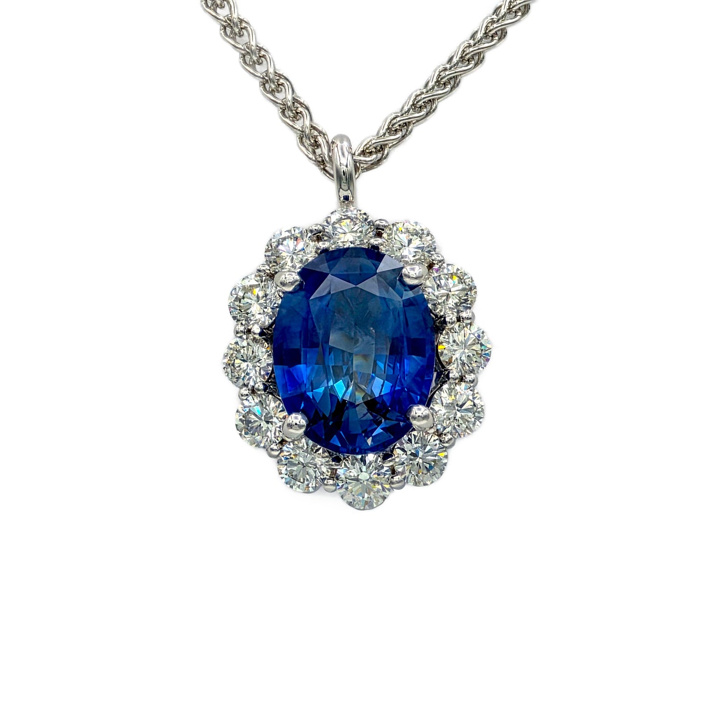 4.03 Carat Oval Blue Sapphire and Diamond Pendant in 14K White Gold