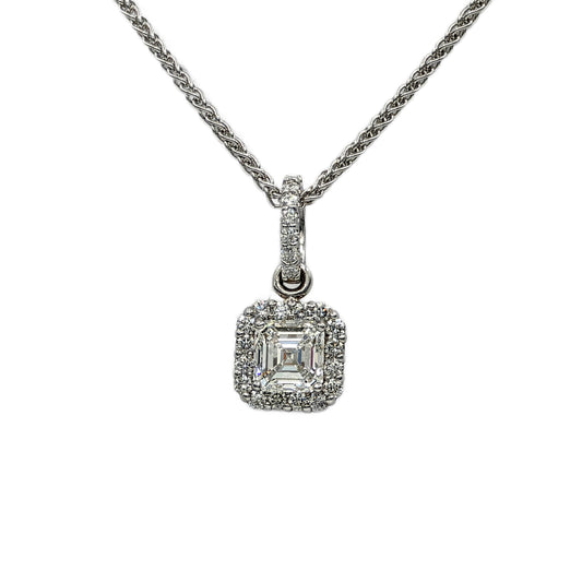 0.71 Carat Asscher Cut Diamond Halo Pendant in 14K White Gold