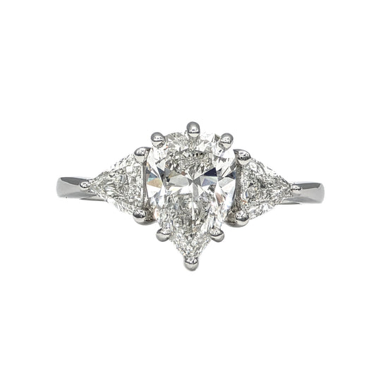 1.85Ct Pear Shape Diamond and trillion 3 stone ring in Platinum