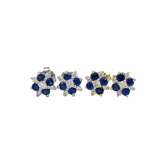 14K Blue Sapphire and Diamond Cluster Earrings
