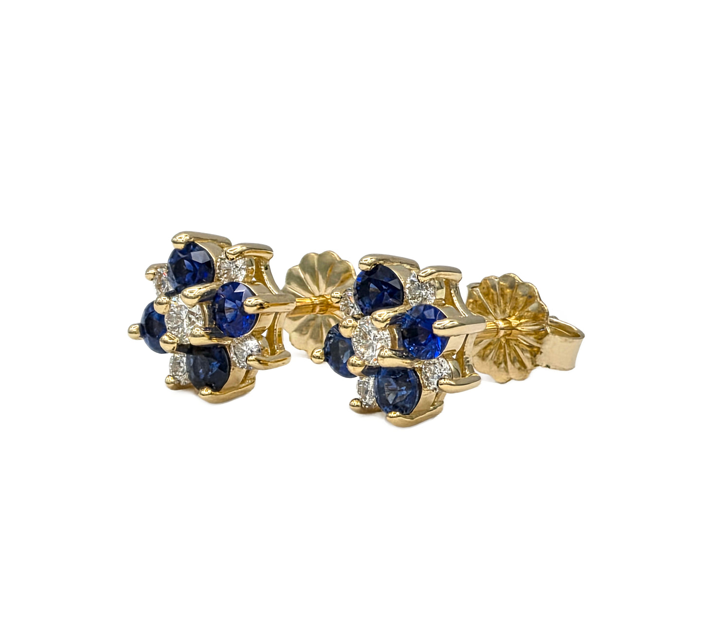 14K Blue Sapphire and Diamond Cluster Earrings
