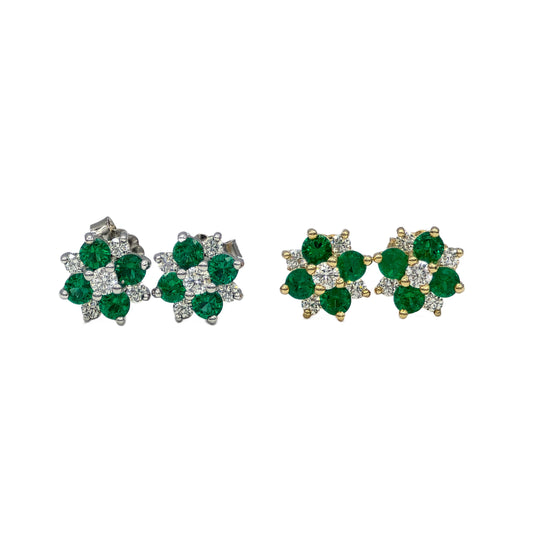 14K Emerald and Diamond Cluster Earrings