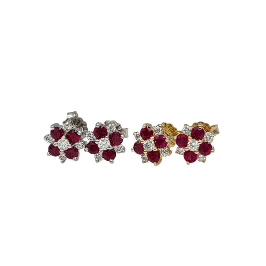 14K Ruby and Diamond Cluster Earrings