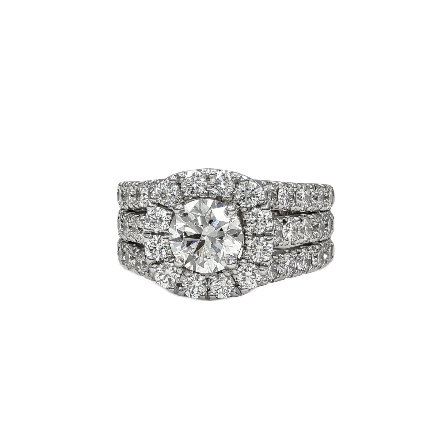 1.30Ct round diamond and 42=2.17Ctw Diamond Halo Ring in 14K white gold
