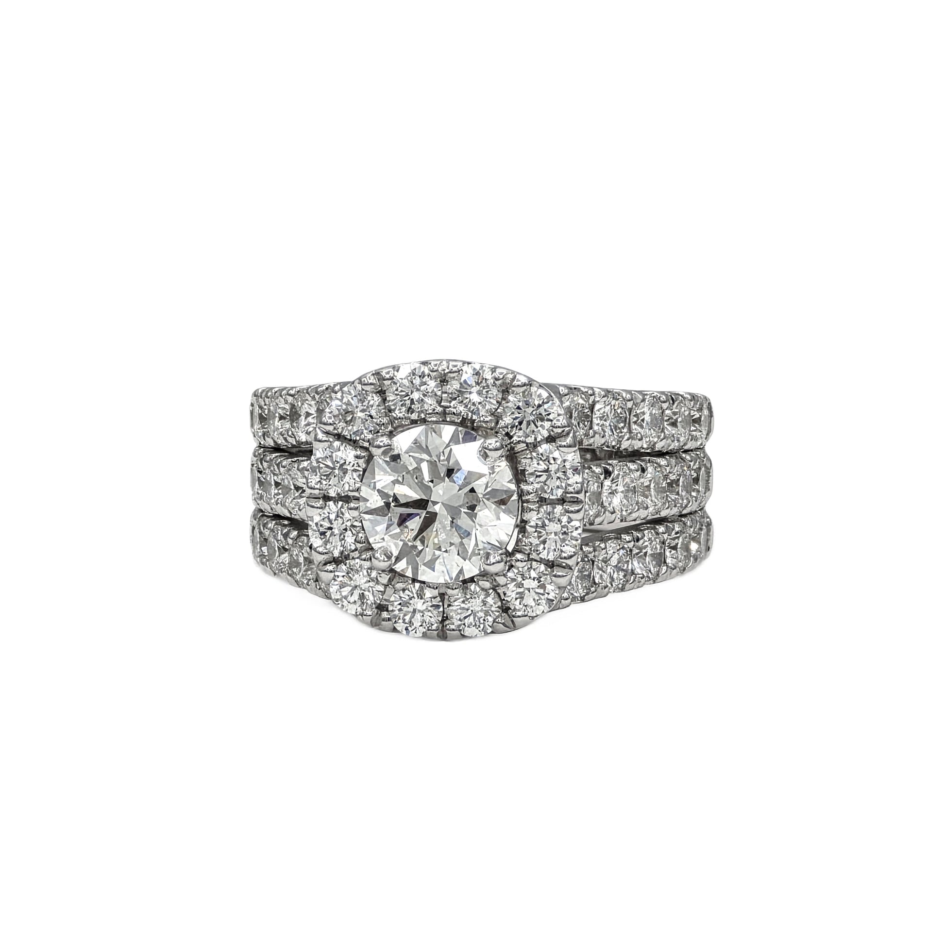 1.30Ct round diamond and 42=2.17Ctw Diamond Halo Ring in 14K white gold