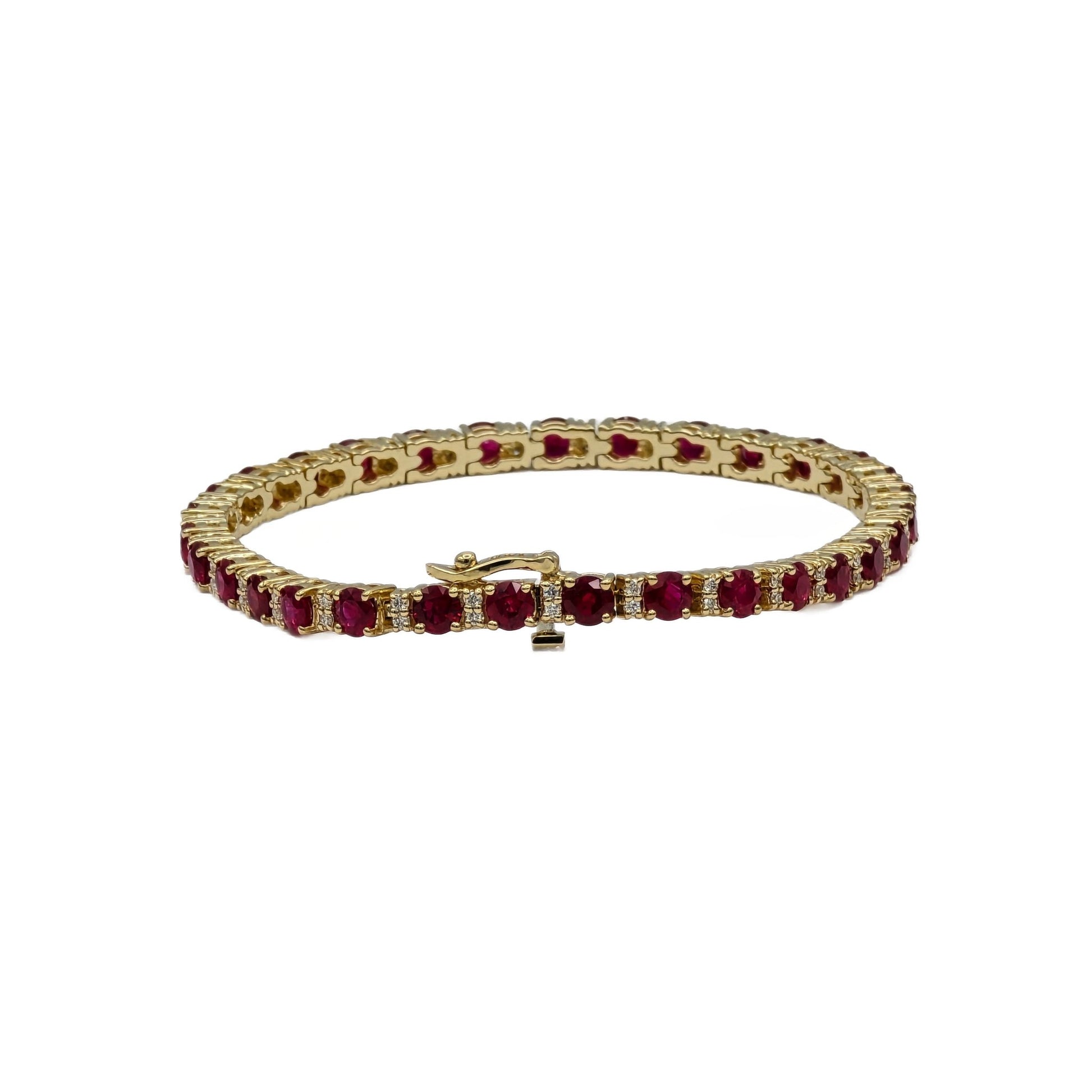 8.12 Carat round ruby and diamond bracelet in 14K yellow gold