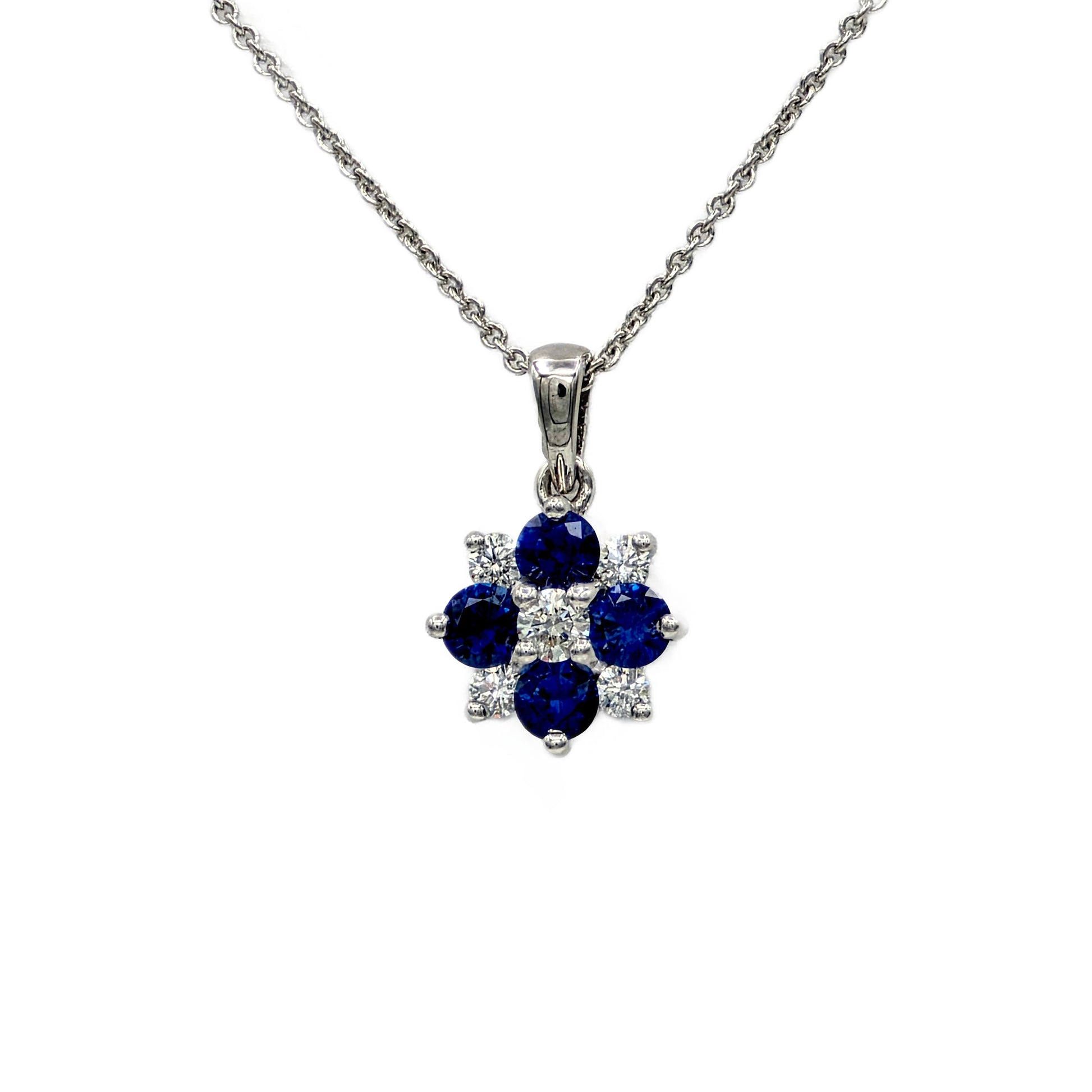 14K white gold blue sapphire and diamond cluster pendant