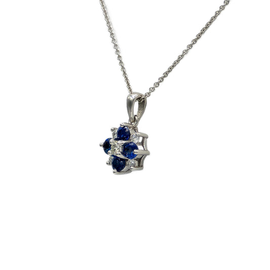 14K white gold sapphire and diamond cluster pendant
