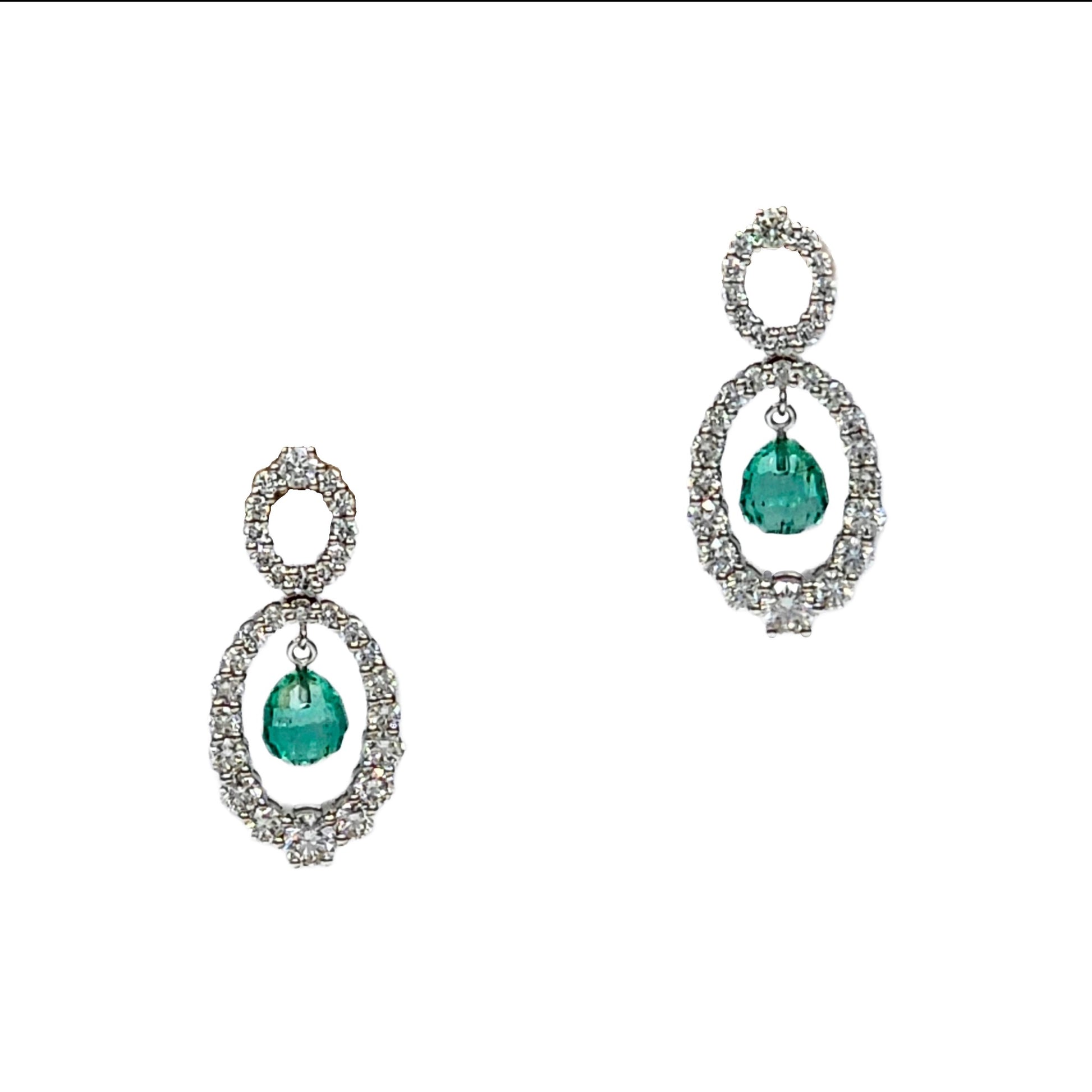 18K White Gold Emerald Briolette and Diamond Earrings 