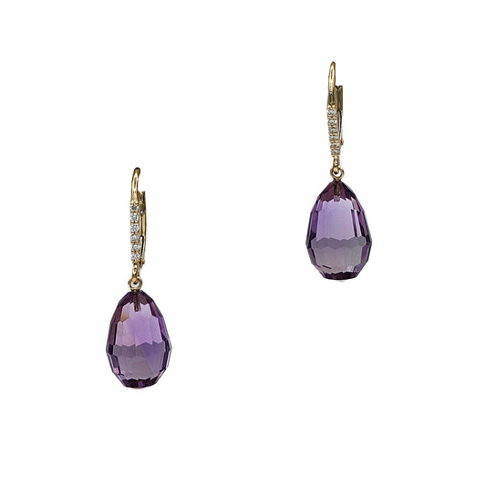 14.75 Carat Total Weight Amethyst Briolette Earrings in 14K Yellow Gold