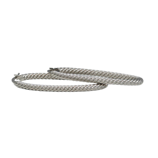14K White Gold Oval Rope Hoop Earrings