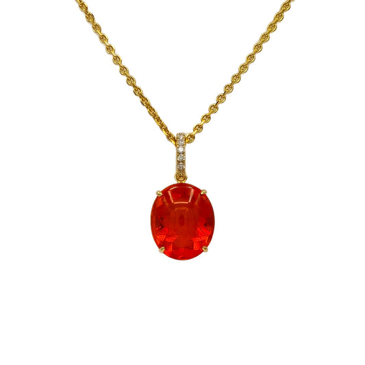 3.71 Carat Fire Opal and Diamond Pendant in 18K Yellow Gold
