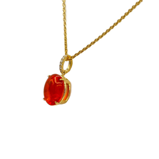 3.71 Carat Fire Opal and Diamond Pendant in 18K Yellow Gold