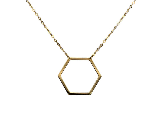 14K Yellow Gold hexagonal pendant necklace on a white background