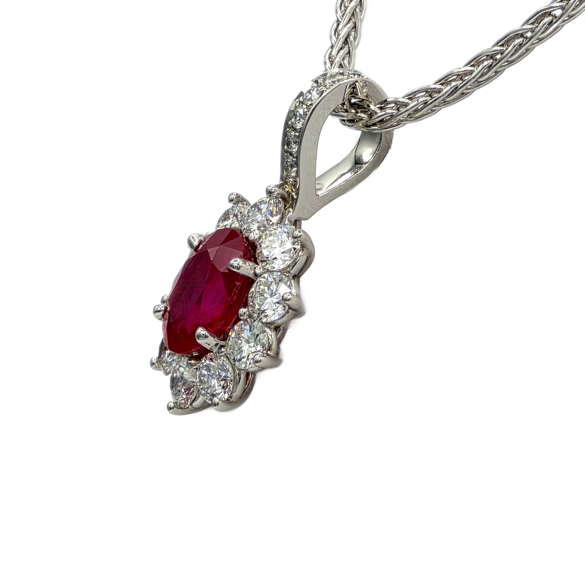 Side view of Burmese ruby and diamond pendant