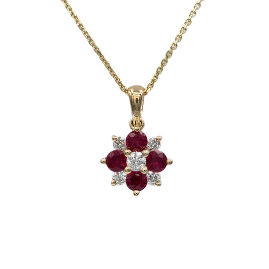14K yellow gold natural ruby and diamond cluster pendant