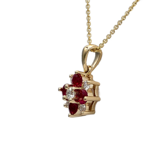 14K yellow gold natural ruby and diamond cluster pendant