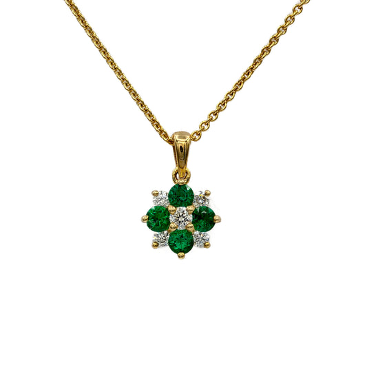14K yellow gold emerald and diamond cluster pendant