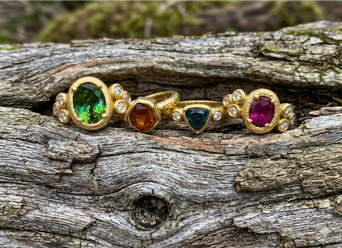 22K yellow gold gemstone rings made by Heileman & Company Jewelers