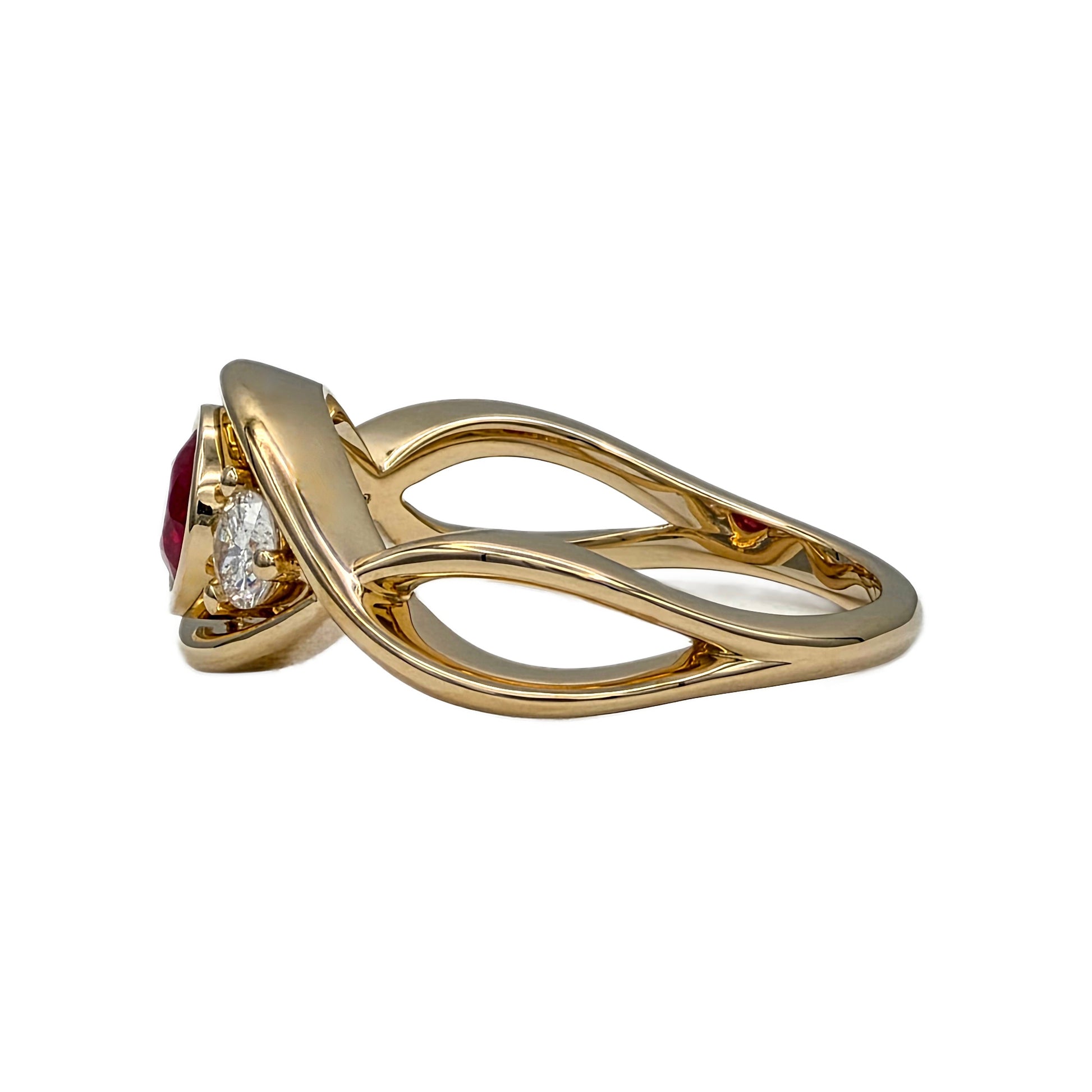 Round Ruby and Diamond 3 Stone Ring in 14K Yellow Gold