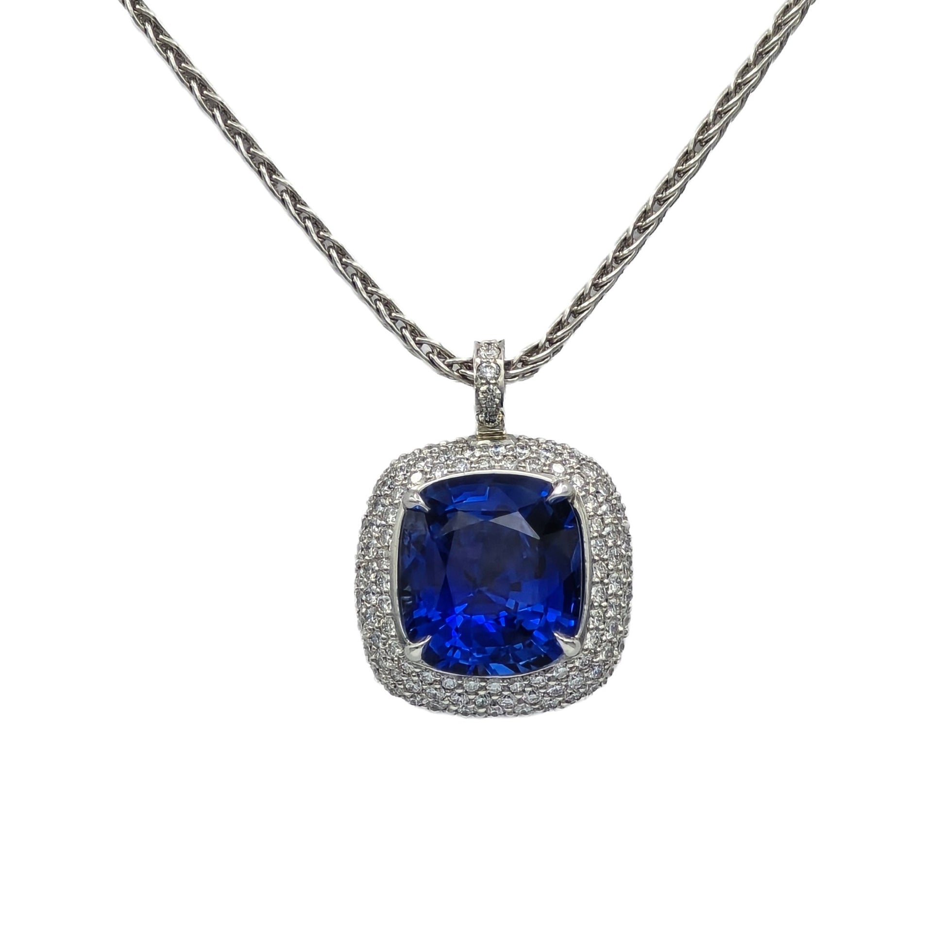 8.27 Carat Cushion Cut Blue Sapphire Pendant in Platinum