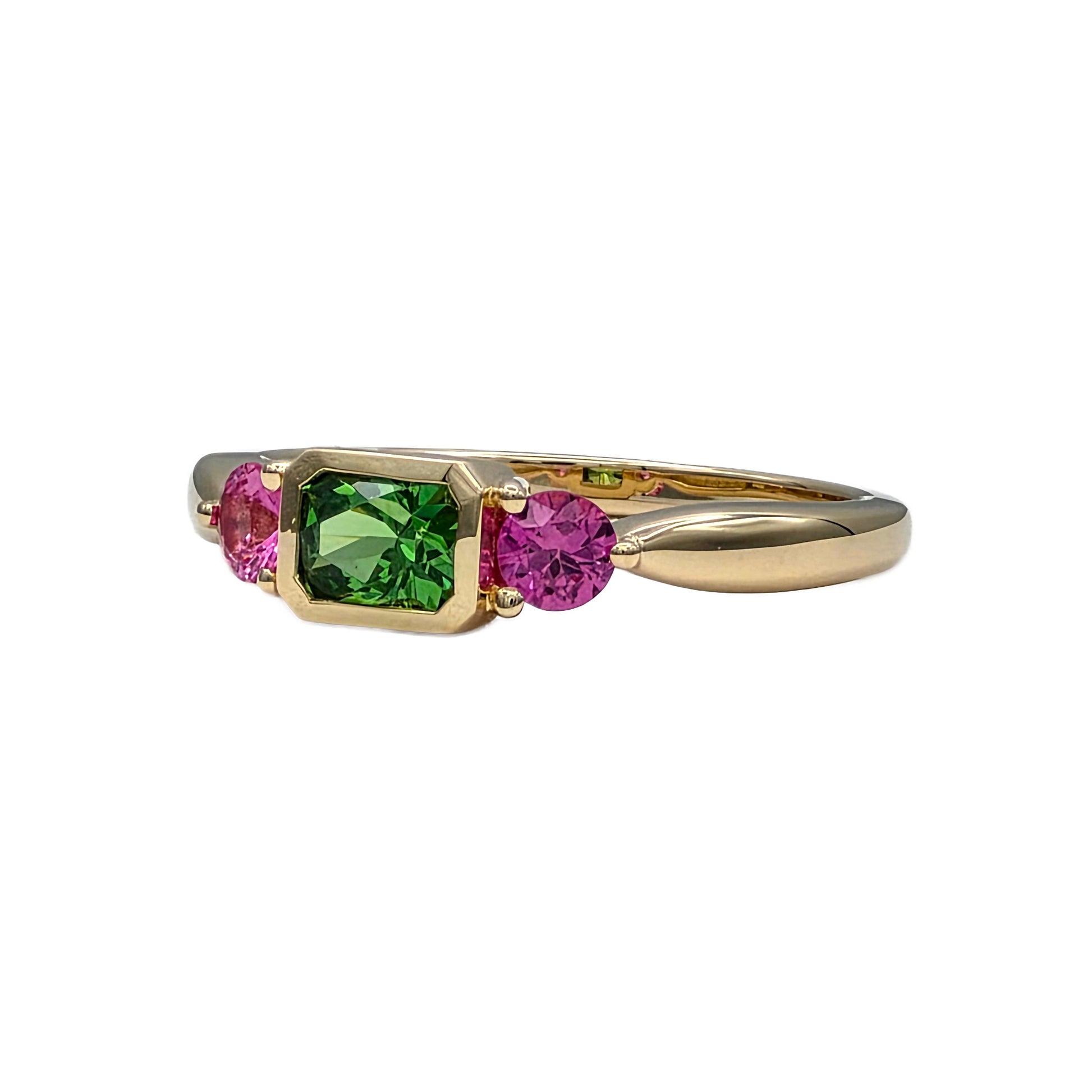 Tsavorite Garnet and Pink Sapphire Ring in 14K Yellow Gold