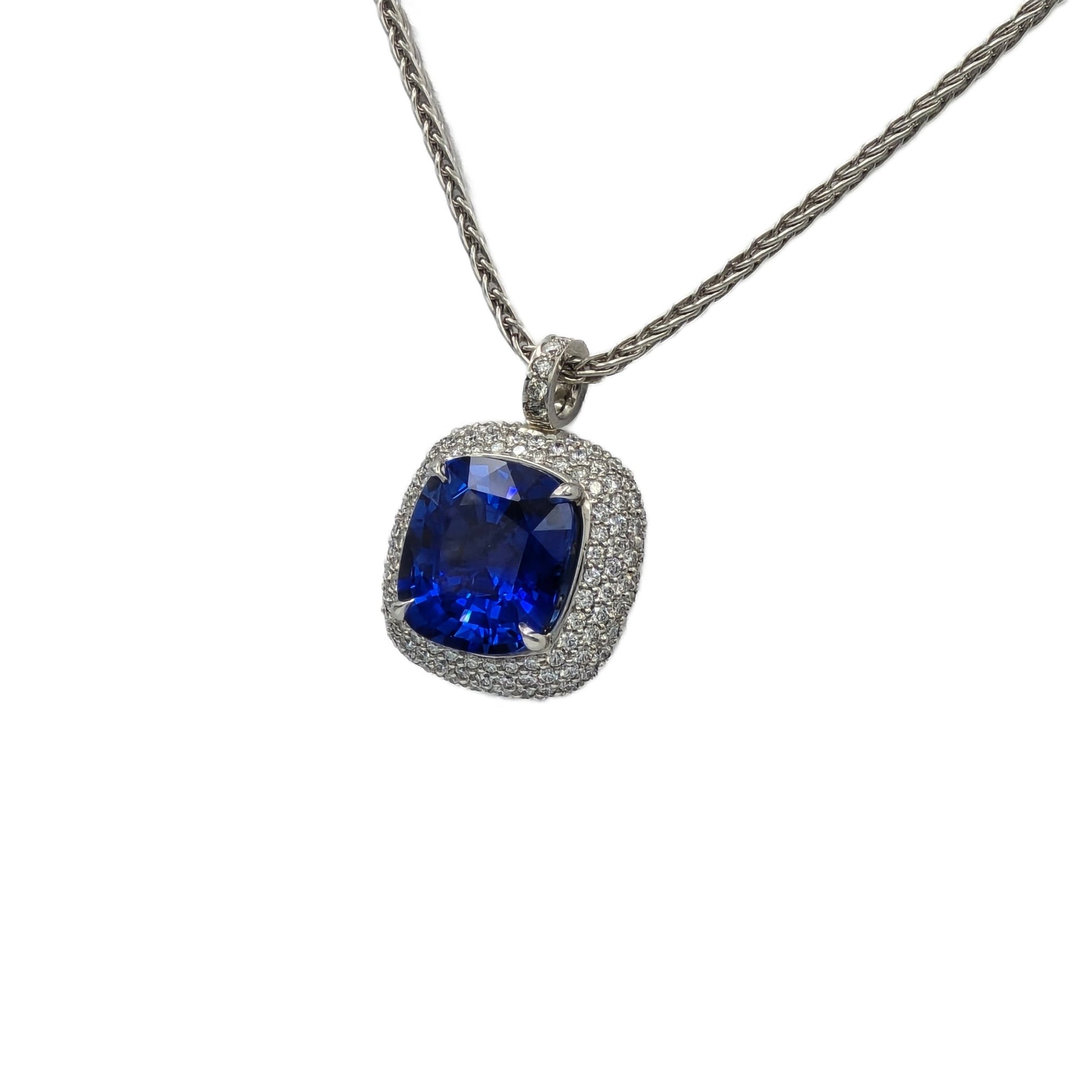 8.27 Carat Cushion Cut Blue Sapphire Pendant in Platinum