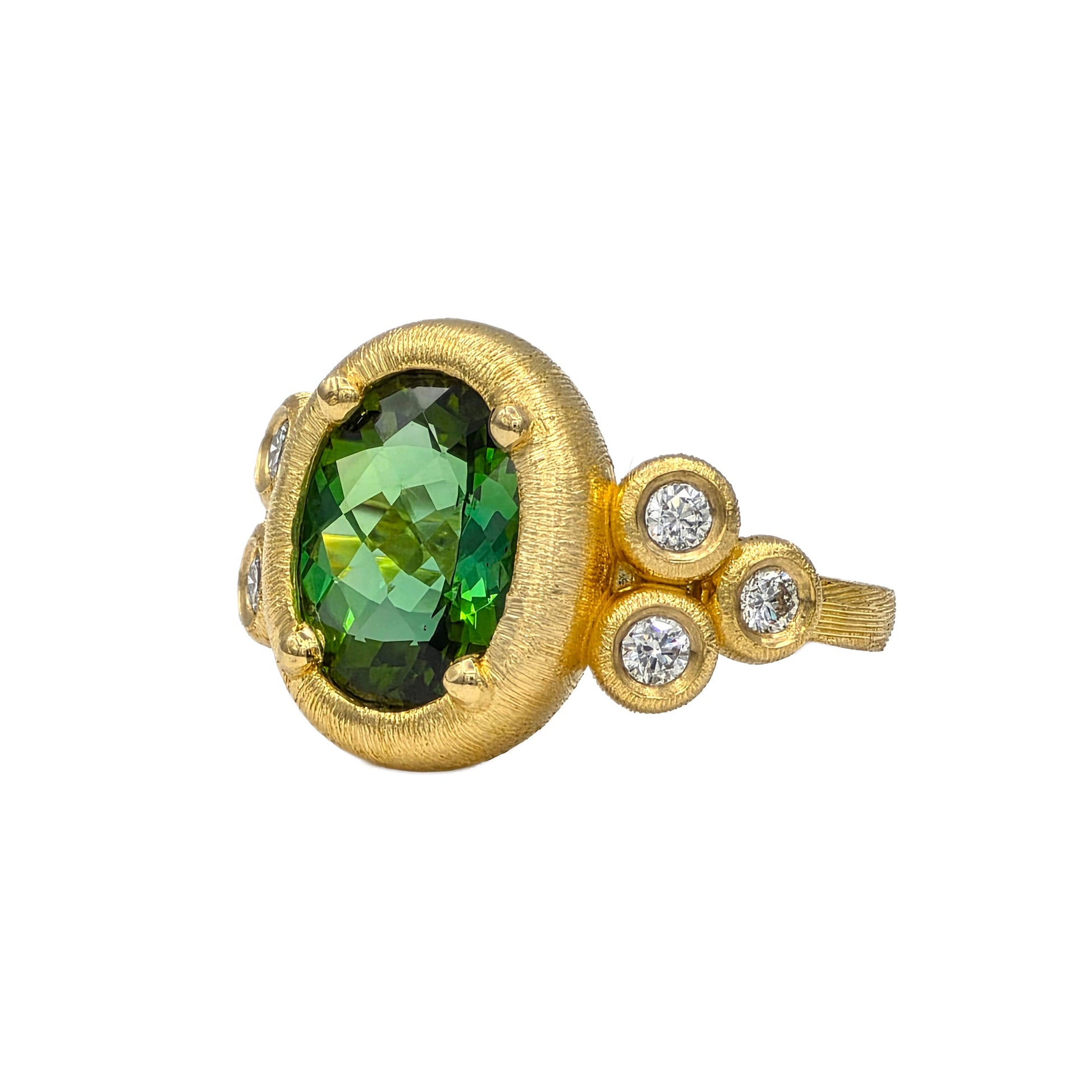 4.12 Carat Green Tourmaline and 0.46 Carat Diamond Ring in 22K Gold
