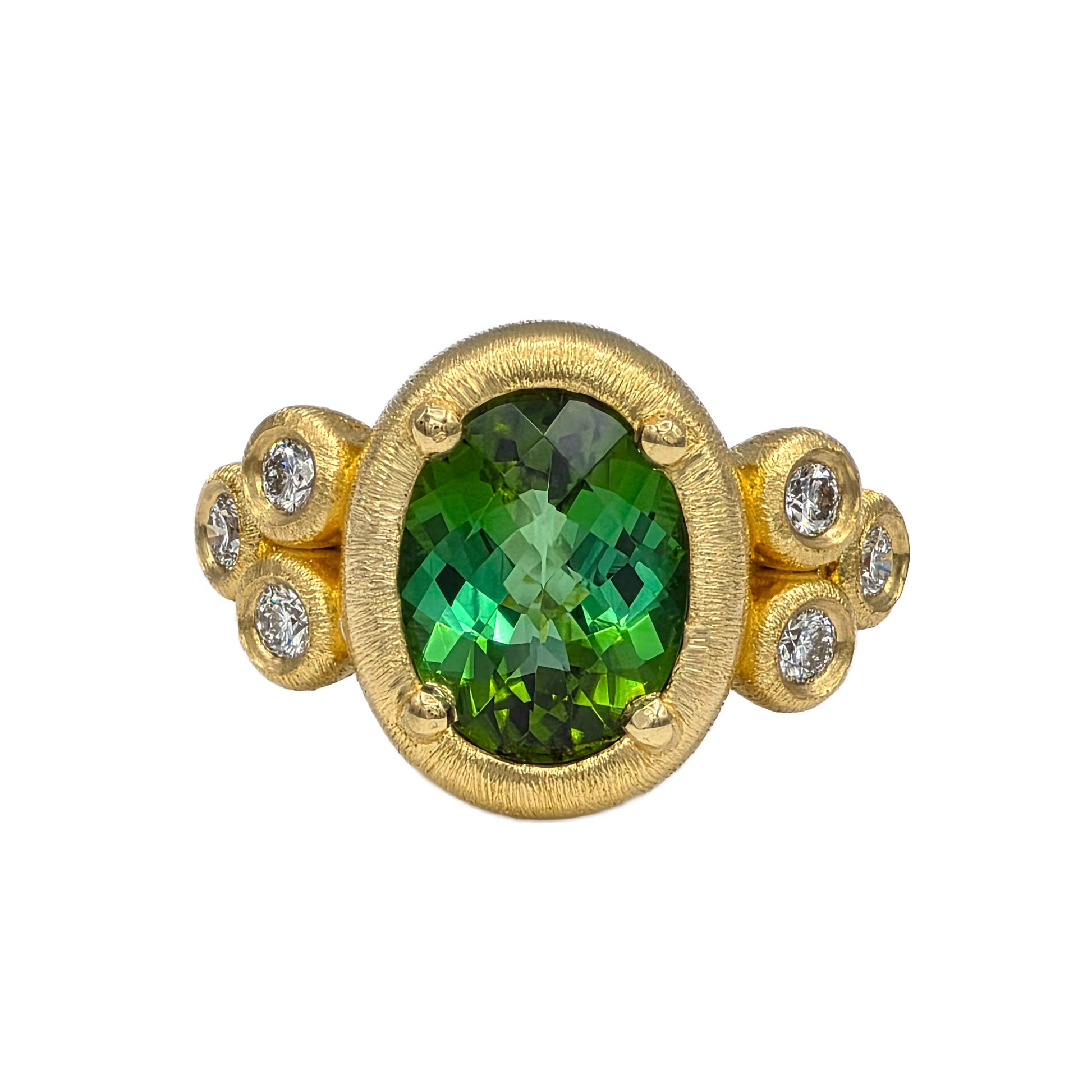 4.12 Carat Green Tourmaline and 0.46 Carat Diamond Ring in 22K Gold