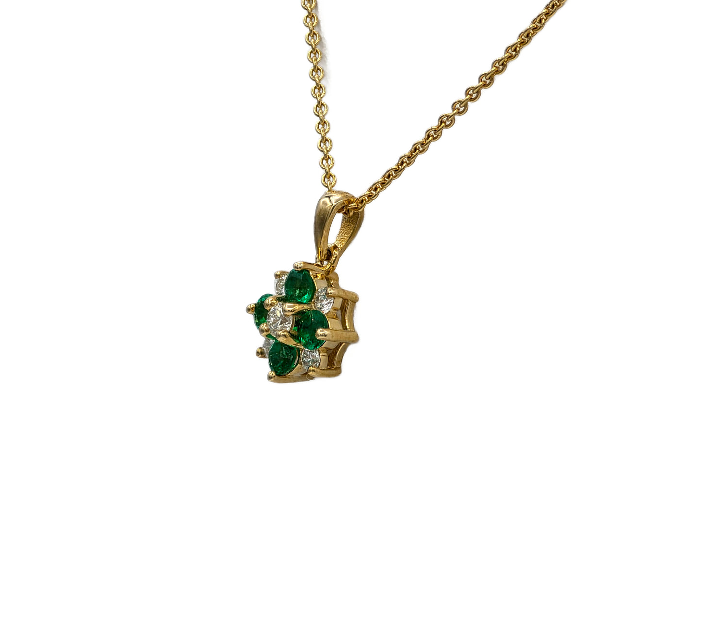 14K yellow gold emerald and diamond cluster pendant