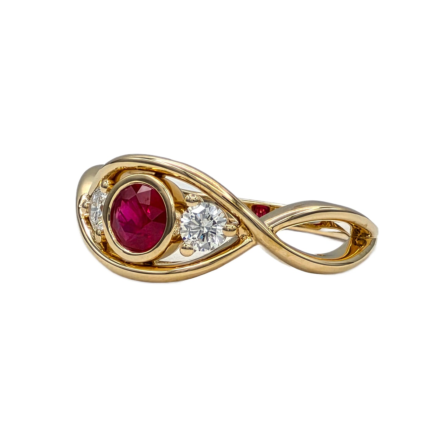 Round Ruby and Diamond 3 Stone Ring in 14K Yellow Gold