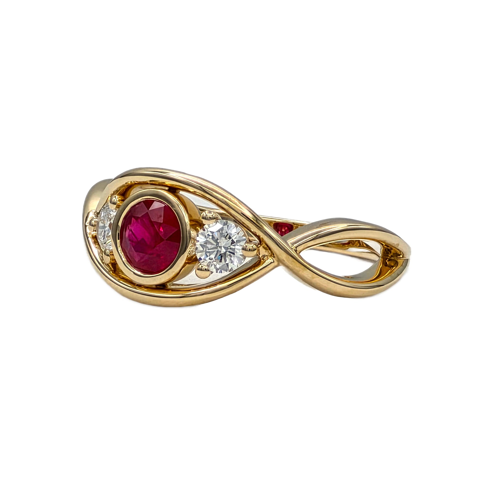 Round Ruby and Diamond 3 Stone Ring in 14K Yellow Gold