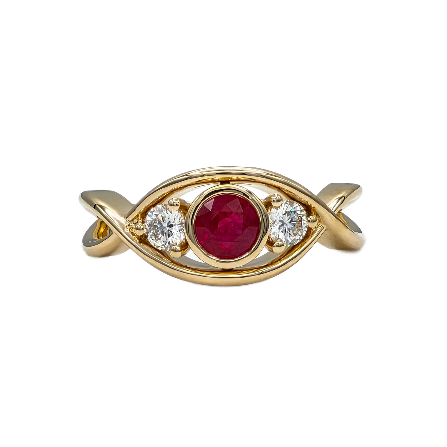 Round Ruby and Diamond 3 Stone Ring in 14K Yellow Gold