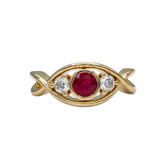 Round Ruby and Diamond 3 Stone Ring in 14K Yellow Gold