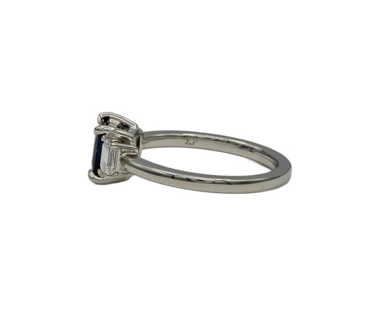 1.13 Carat Princess Cut Blue Sapphire and 2=0.47 Carat Emerald Cut Diamond Ring in Platinum