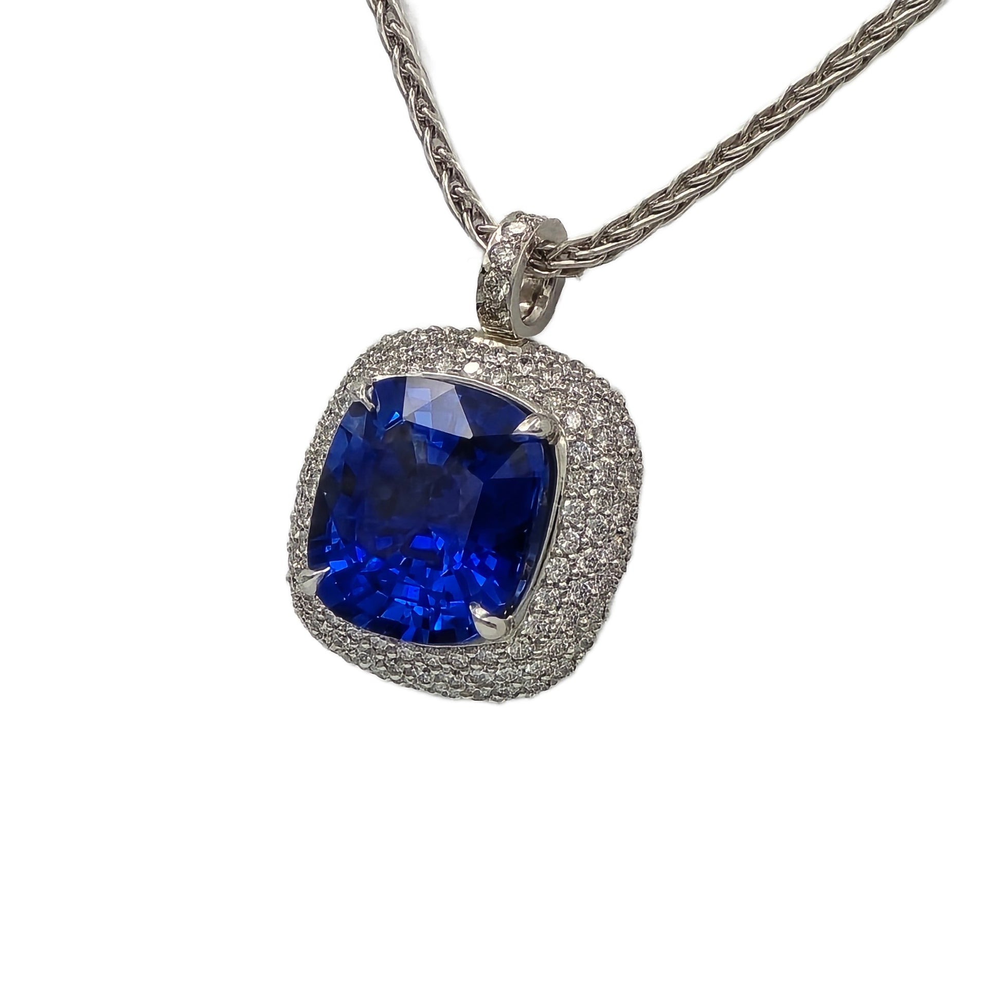 8.27 Carat Cushion Cut Blue Sapphire Pendant in Platinum