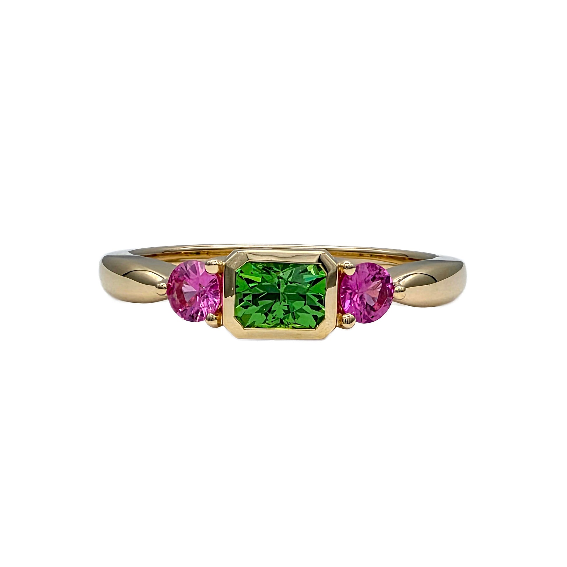 Tsavorite Garnet and Pink Sapphire Ring in 14K Yellow Gold