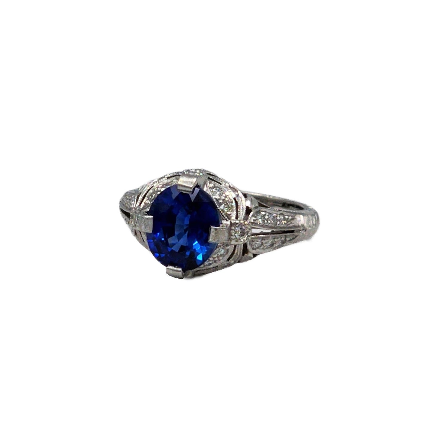 3.03 Carat Oval Sapphire and 28=0.35 Carat Diamond Ring by Whitehouse Brothers in Platinum, GIA Report