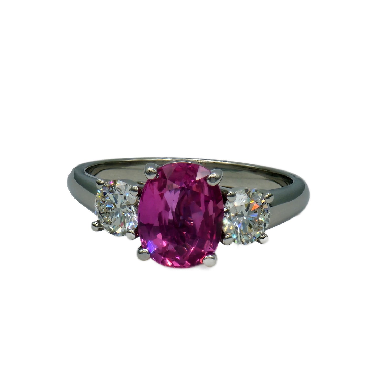 2.14 Carat Oval Pink Sapphire and 2=0.72 Carat Round Diamond Handmade Ring in Platinum