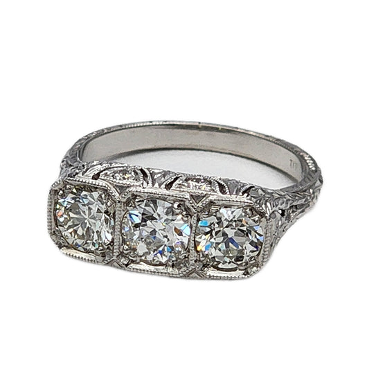 1.46 Ctw European Cut Diamond Hand Engraved Platinum Ring by Whitehouse Brothers