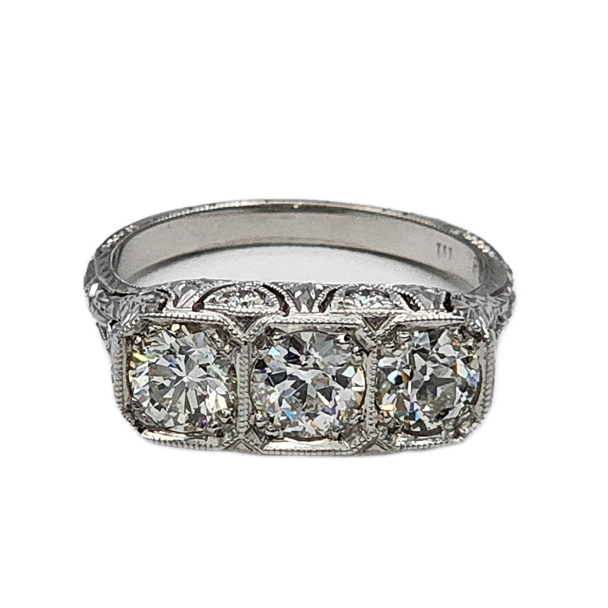 1.46 Ctw European Cut Diamond Hand Engraved Platinum Ring by Whitehouse Brothers