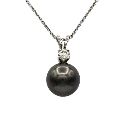 8.5mm Tahitian Pearl and 0.10 Carat Round Diamond Pendant in 14K White Gold
