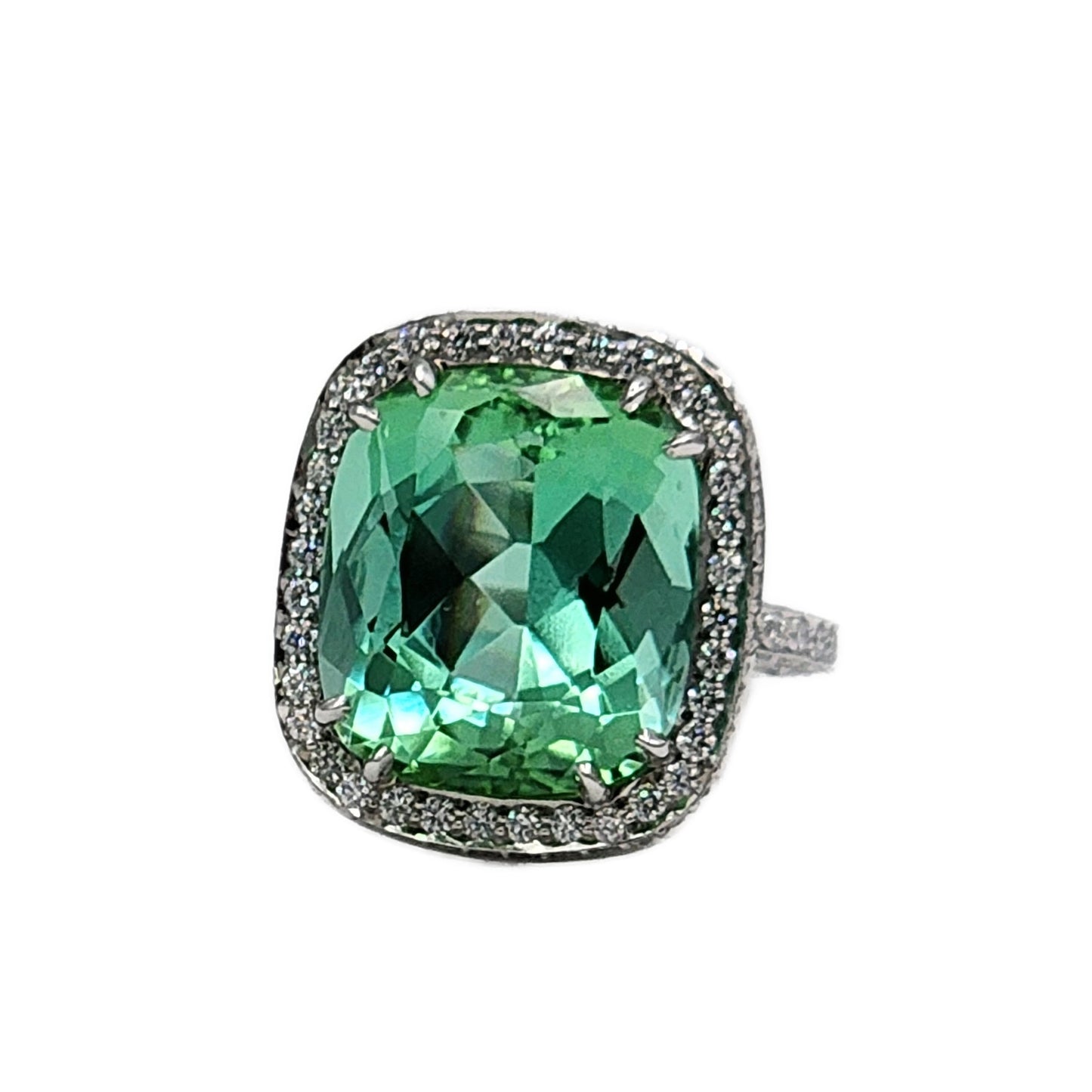 17.57 Carat Cushion Cut Blue Green Tourmaline and 192=2.28 Carat Diamond Ring in Platinum