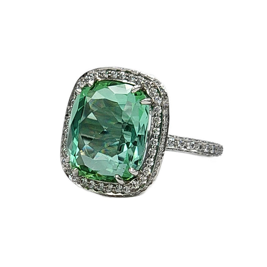17.57 Carat Cushion Cut Blue Green Tourmaline and 192=2.28 Carat Diamond Ring in Platinum