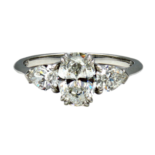 1.13 Carat G/SI1 Oval Cut Diamond with 2=0.80 Carat Pear Shape Diamonds Handmade in Platinum, GIA Report