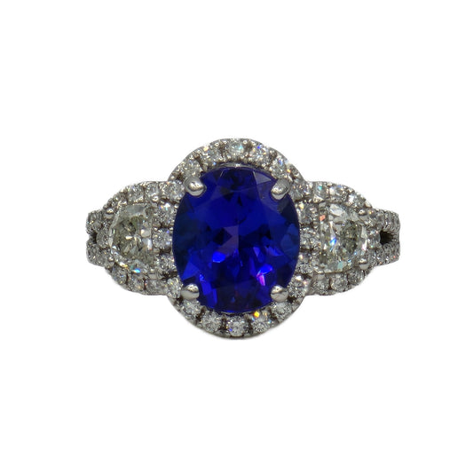 2.60 Oval Tanzanite and 64=1.04 Carat Diamond Ring in 18K White Gold