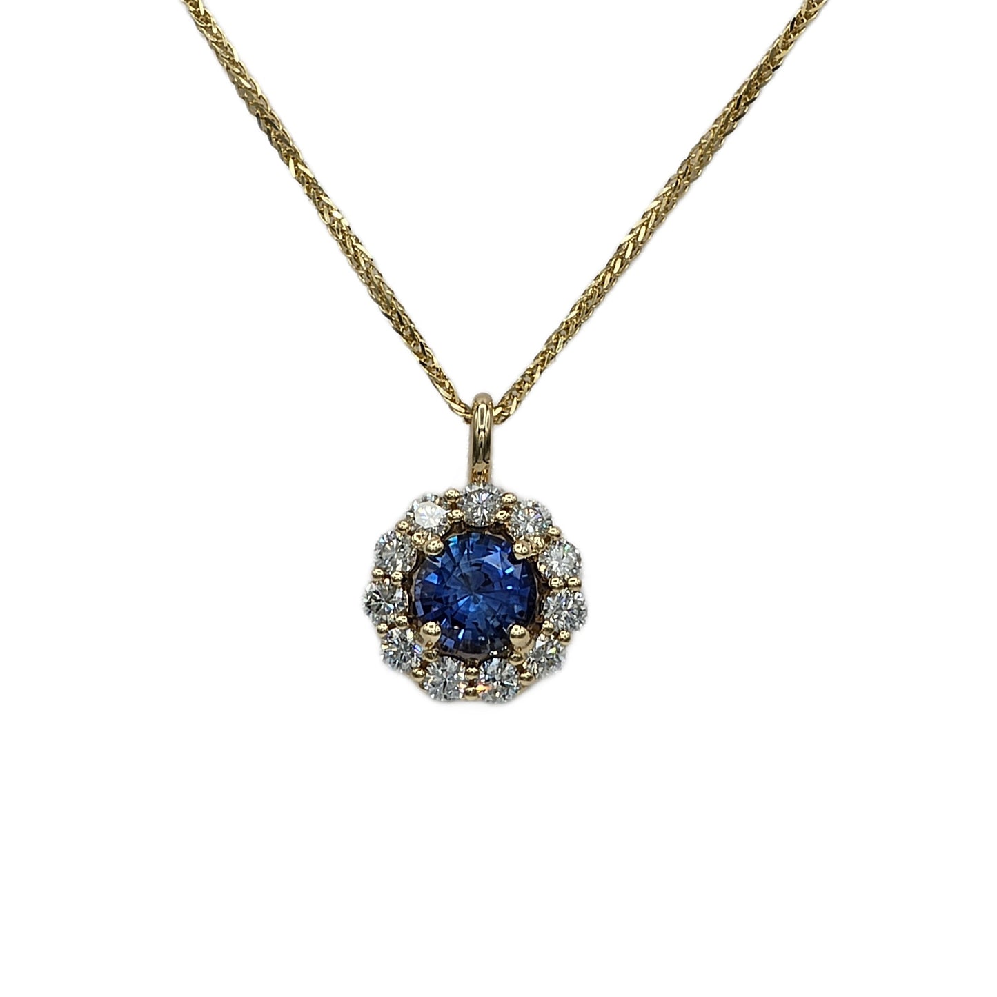 1.09 Carat Round Sapphire and 11=0.55 Carat Diamond Pendant in 14K