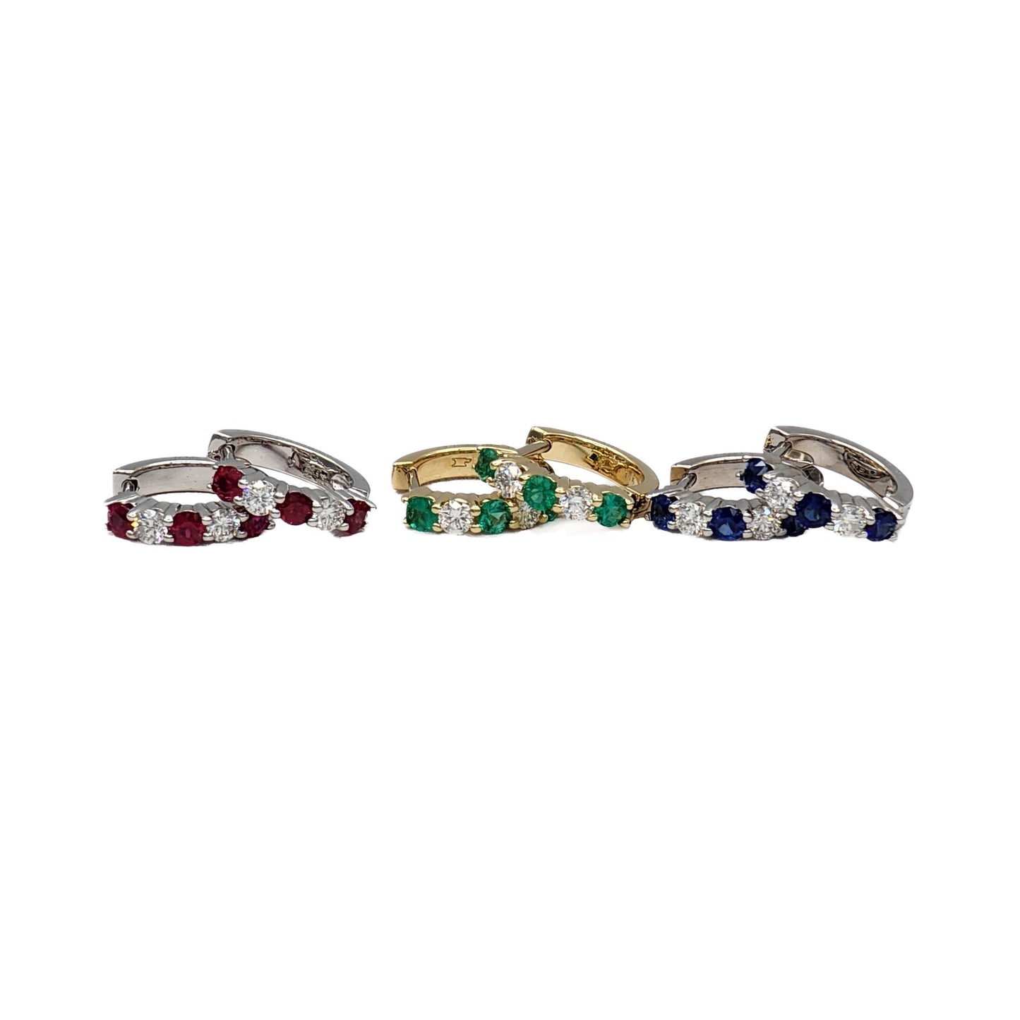 Ruby, Emerald, Sapphire, and Diamond Huggie Hoop Earrings in 14K