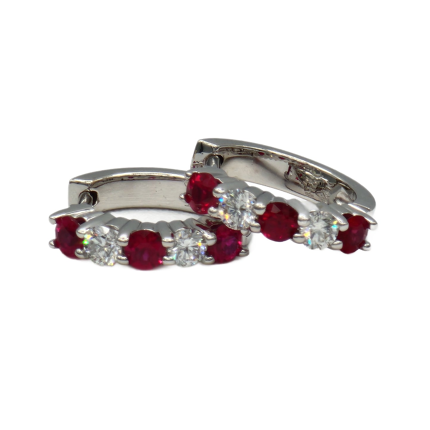 14K White Gold Ruby and Diamond Huggie Hoop Earrings